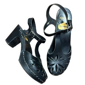 Swedish Hasbeens lacy lasercut sky high wooden clogs